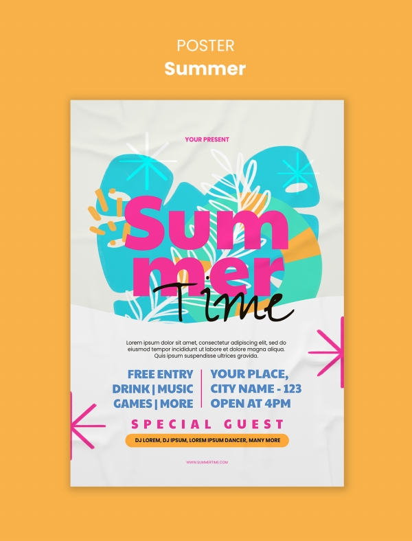 Summer time cartoon illustration poster PSD template download